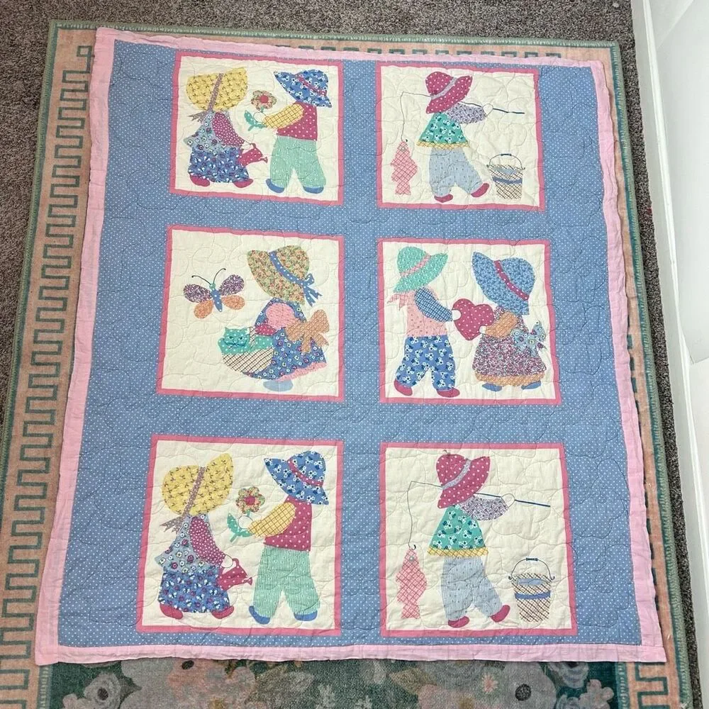 Vintage Sunbonnet Sue Sam Blue Pink Holly Hobby Style Bonnet Throw Quilt 49"x43" - Picture 3 of 15